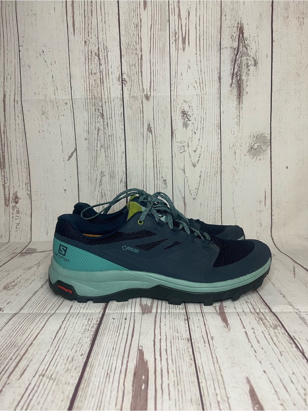 Women's Salomon Outline GTX Gore-Tex Navy Teal Trail Running Shoes sz 8.5